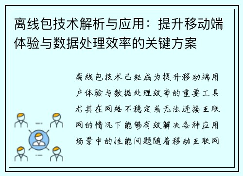 离线包技术解析与应用:提升移动端体验与数据处理效率的关键方案 离线包技术解析与应用:提升移动端体验与数据处理效率的关键方案